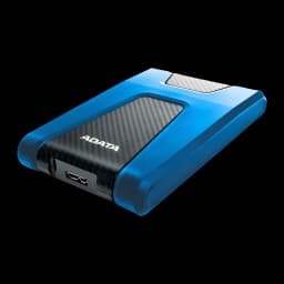 Disco Duro Portátil ADATA 2TB USB 3.0 Azul HD650, vista lateral: carcasa azul con panel central de fibra de carbono y puerto