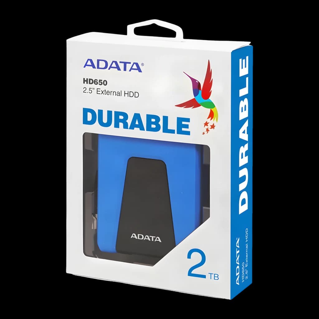 Disco Duro Portátil ADATA 2TB USB 3.0 Azul HD650, caja: packaging frontal en ángulo con disco visible dentro