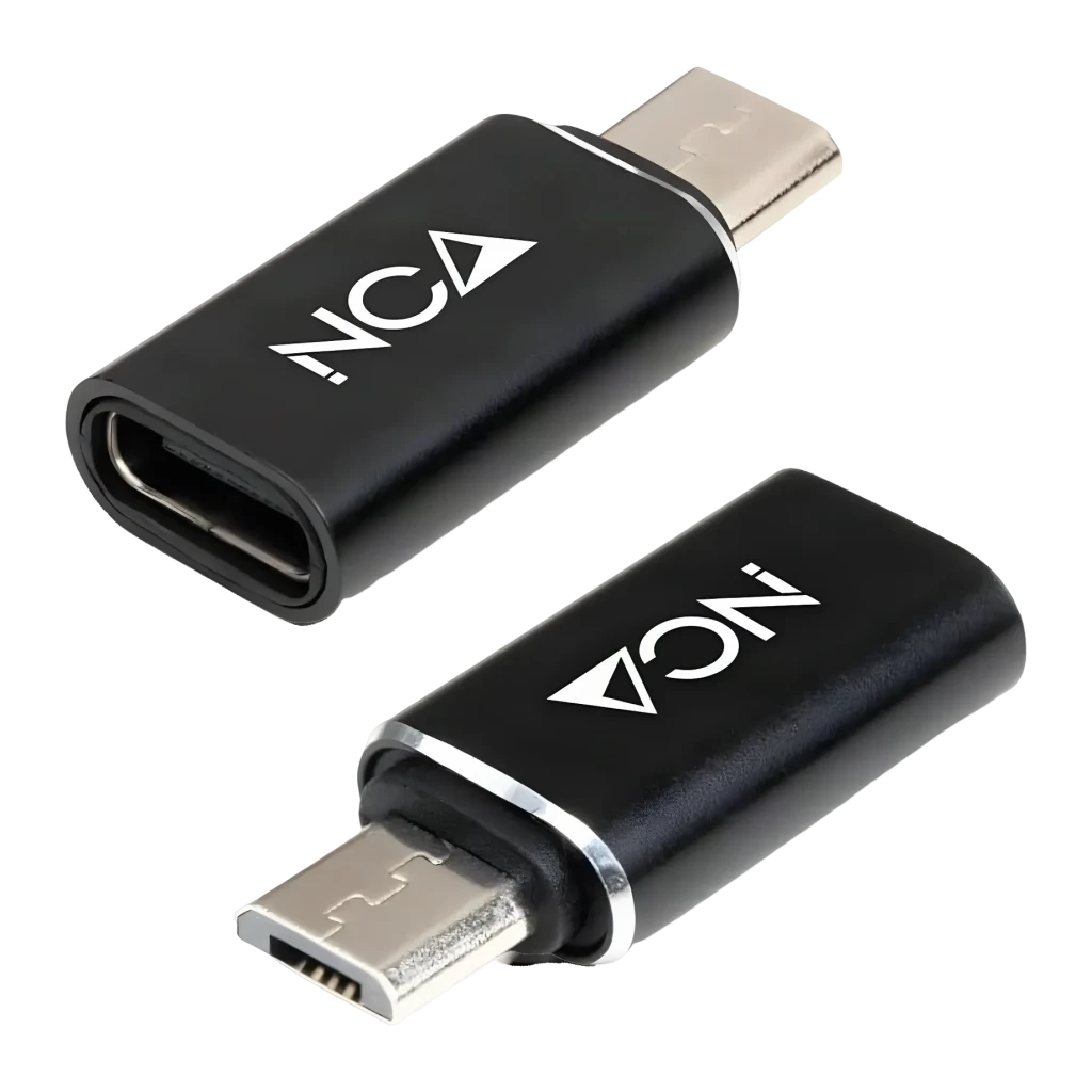Nanocable Adaptador Micro B a USB-C Micro USB a 25mm Negro, vista frontal: dos unidades, conector USB-C macho arriba y Micro