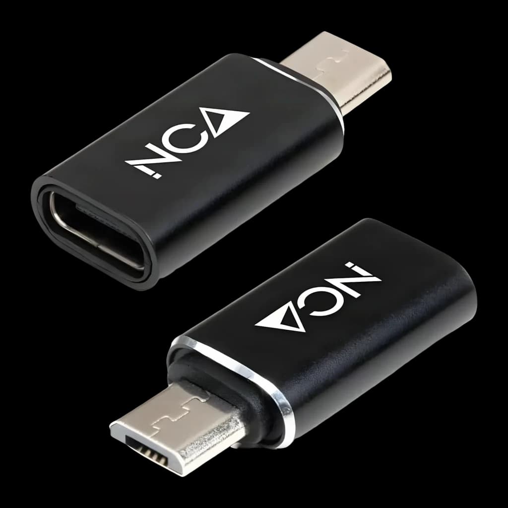 Nanocable Adaptador Micro B a USB-C Micro USB a 25mm Negro, vista frontal: dos unidades, conector USB-C macho arriba y Micro