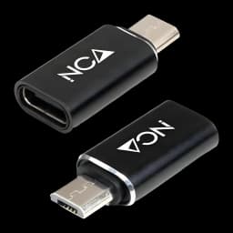 Nanocable Adaptador Micro B a USB-C Micro USB a 25mm Negro, vista frontal: dos unidades, conector USB-C macho arriba y Micro