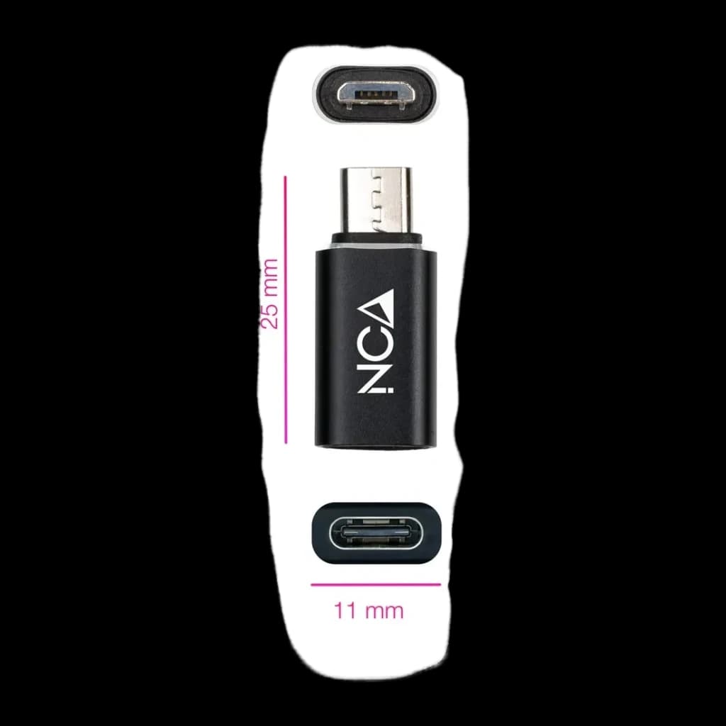 Nanocable Adaptador Micro B a USB-C Micro USB a 25mm Negro, detalle: cotas 25mm y 11mm con zoom conectores Micro B y USB-C