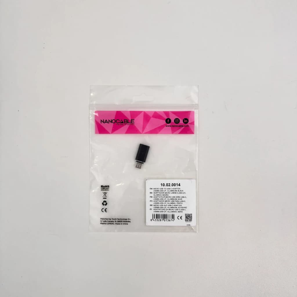 Nanocable Adaptador Micro B a USB-C Micro USB a 25mm Negro, contenido de la caja: bolsa transparente con cabecera rosa