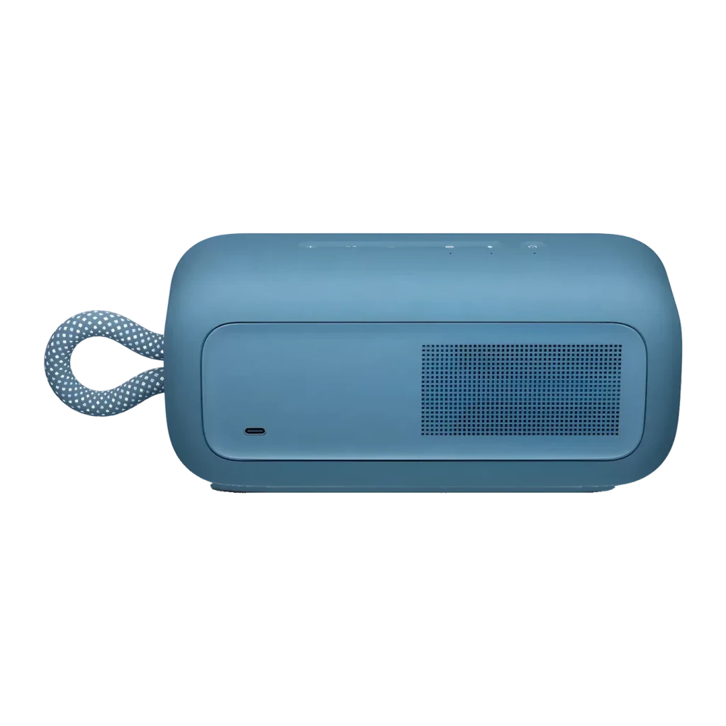 Enceinte portable Bluetooth Bose SoundLink Plus IP67 20h Bleu, vue avant: grille droite, port USB-C et dragonne en tissu à