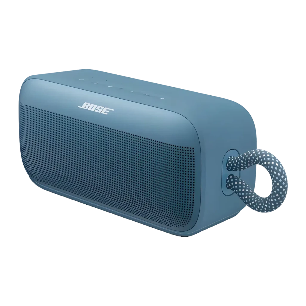 Enceinte portable Bluetooth Bose SoundLink Plus IP67 20h Bleu, vue en angle: grille avant, boutons supérieurs et dragonne
