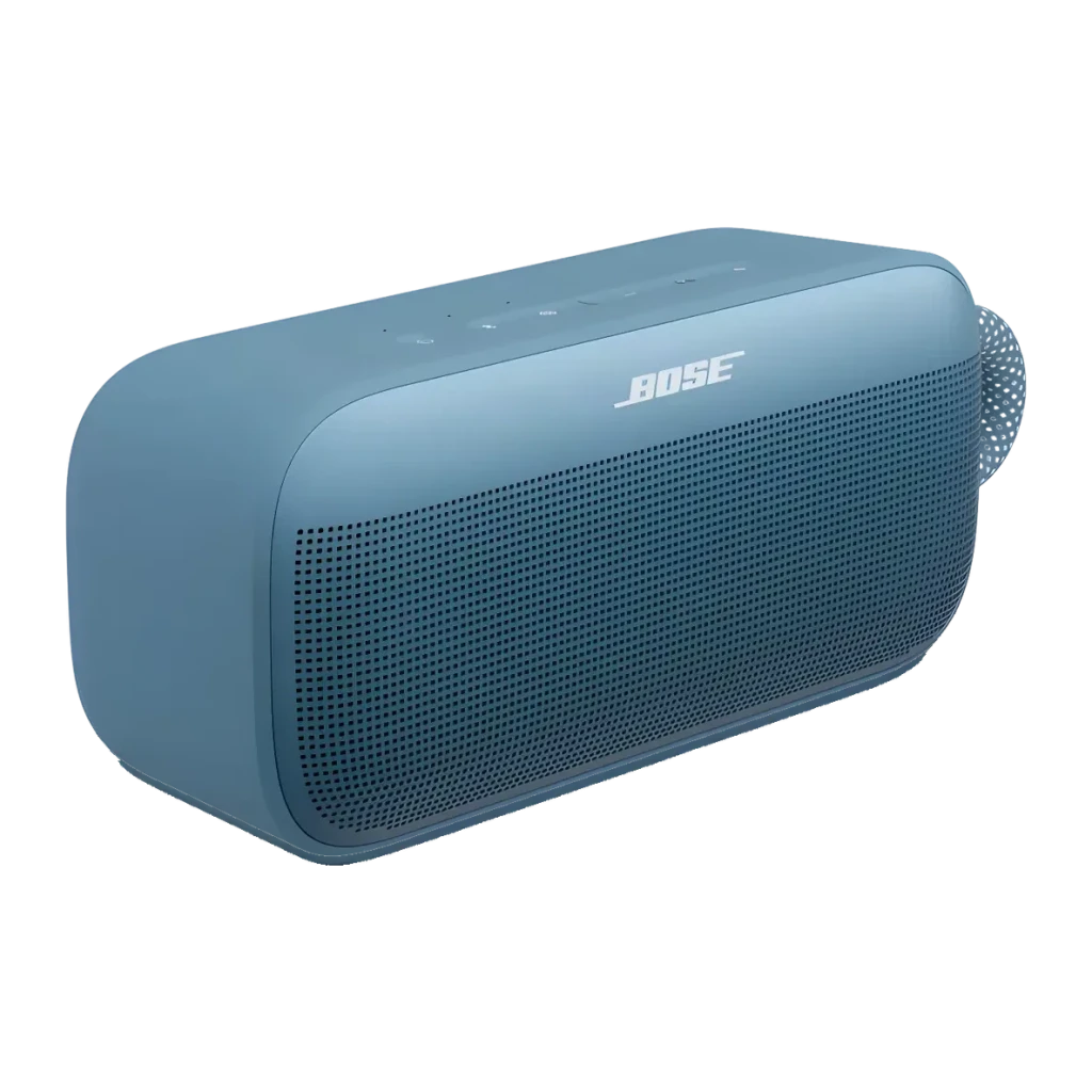 Enceinte portable Bluetooth Bose SoundLink Plus IP67 20h Bleu, vue en angle: grille avant, logo Bose et boutons supérieurs