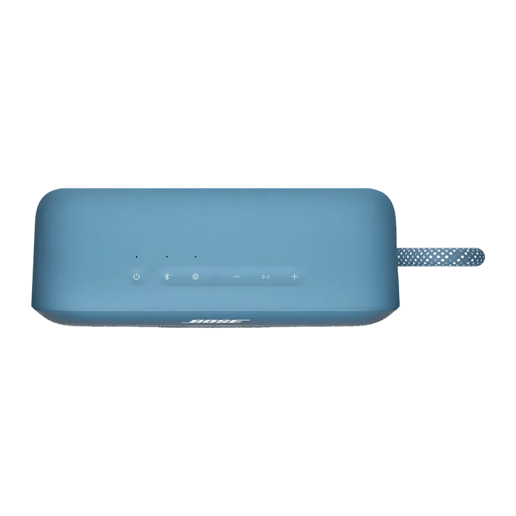 Enceinte portable Bluetooth Bose SoundLink Plus IP67 20h Bleu, vue du dessus: panneau de commandes tactiles et dragonne