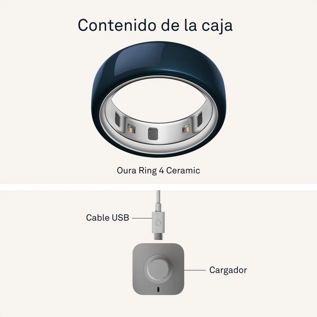 Oura Ring 4 Ceramic Talla 14 Medianoche Temperatura corporal, contenido de la caja: anillo con sensores interiores, cable