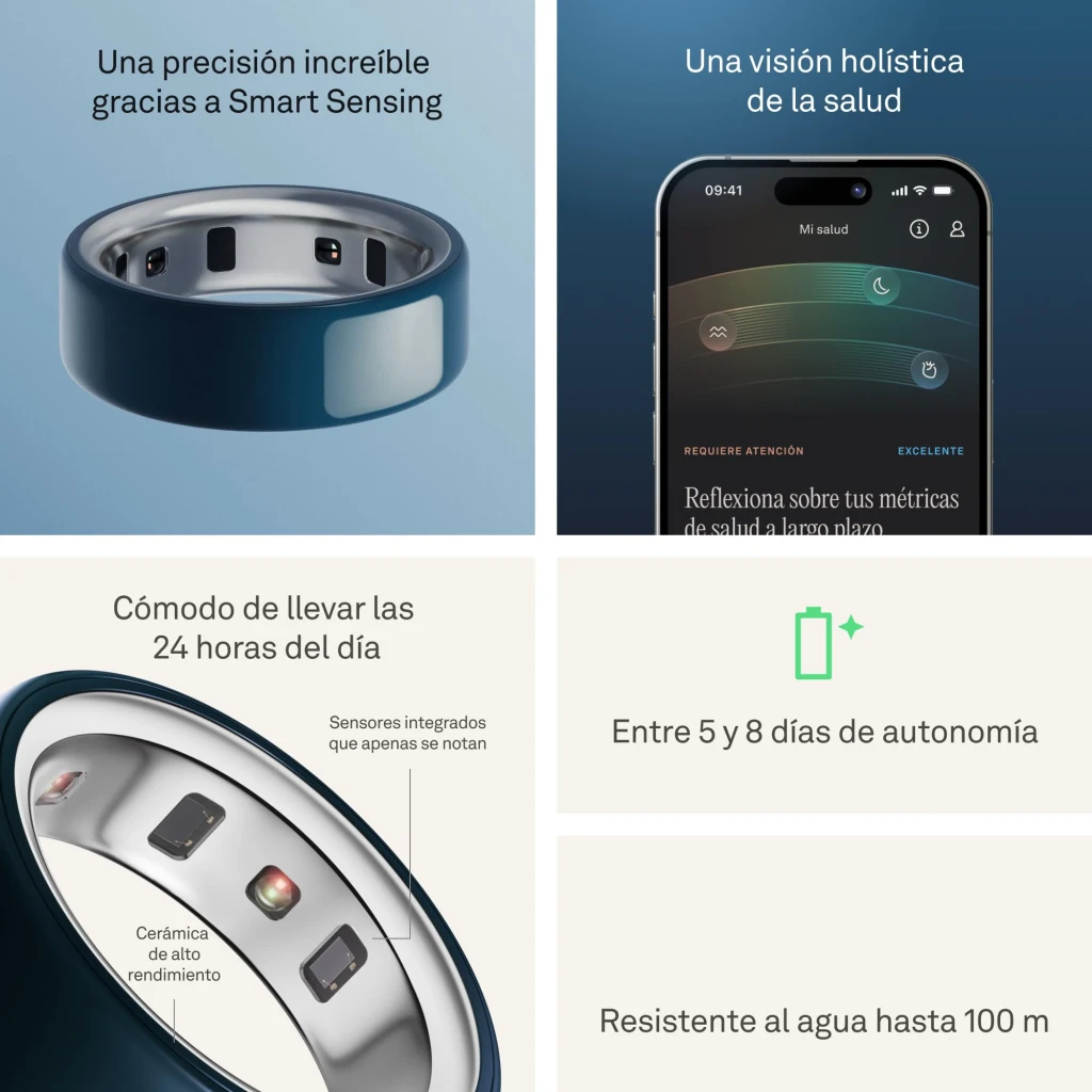 Oura Ring 4 Ceramic Talla 14 Medianoche Temperatura corporal, en uso: sensores internos, app de salud, autonomía