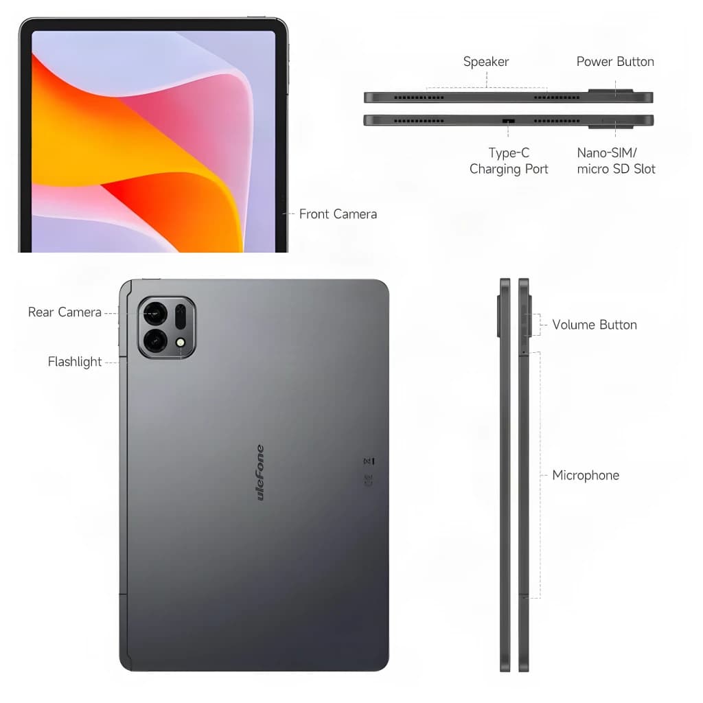 Ulefone Tab A12 Pro 8GB/128GB Gris Espacial 4G LTE 12,2 pulgadas IPS 90Hz Unisoc T7300, diagrama: frontal con cámara