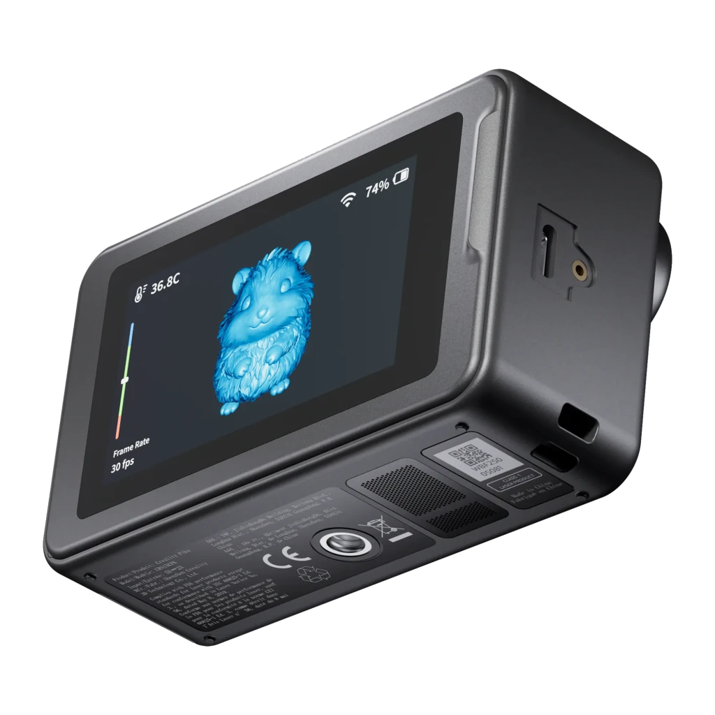 Escáner 3D Creality Pika Inalámbrico Negro 0,03 mm, vista posterior: pantalla táctil con modelo 3D azul a 30 fps y altavoz