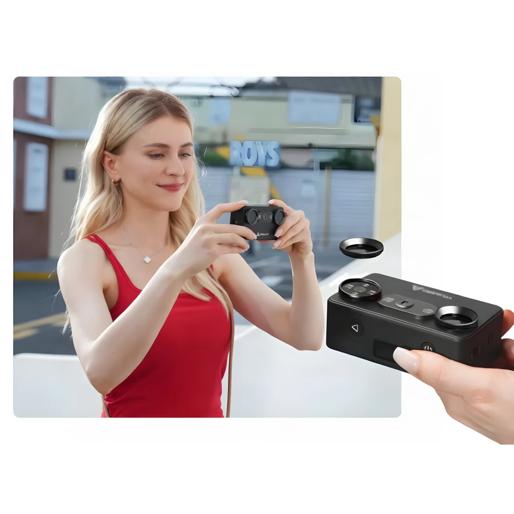Escáner 3D Creality Pika Inalámbrico Negro 0,03 mm, uso: mujer sosteniéndolo al aire libre y detalle del panel superior