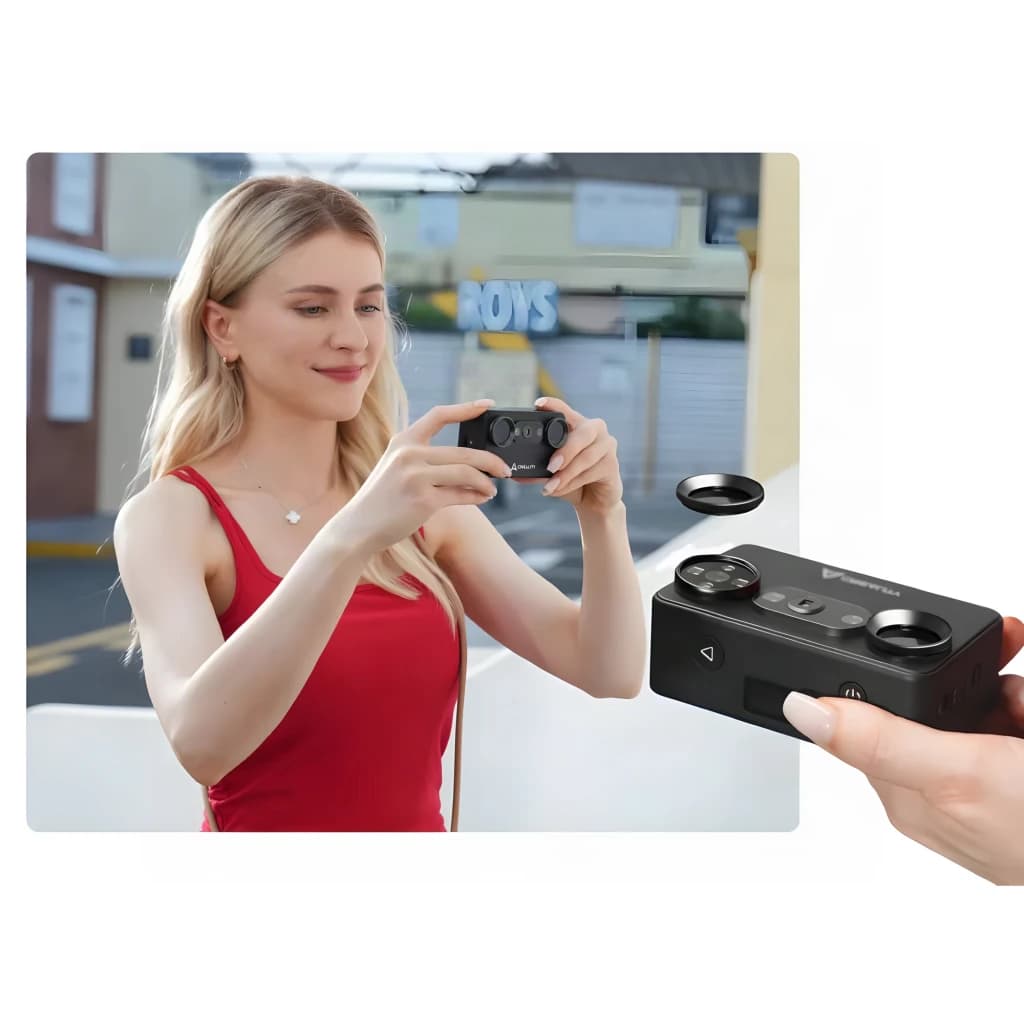 Scanner 3D Creality Pika Sans Fil Noir 0,03 mm, utilisation: femme le tenant en extérieur et gros plan du panneau supérieur