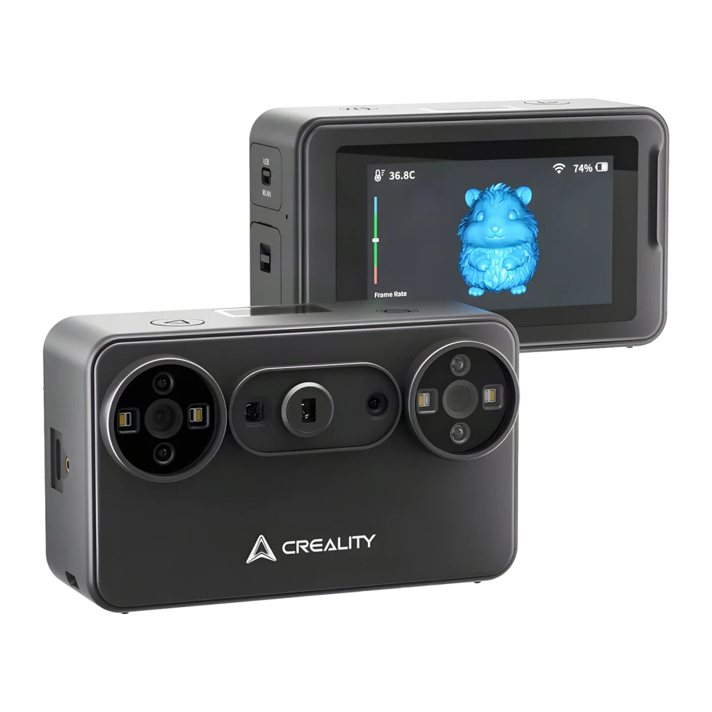 Escáner 3D Creality Pika Inalámbrico Negro 0,03 mm, vistas frontal y trasera: módulo de cámaras y pantalla táctil con modelo