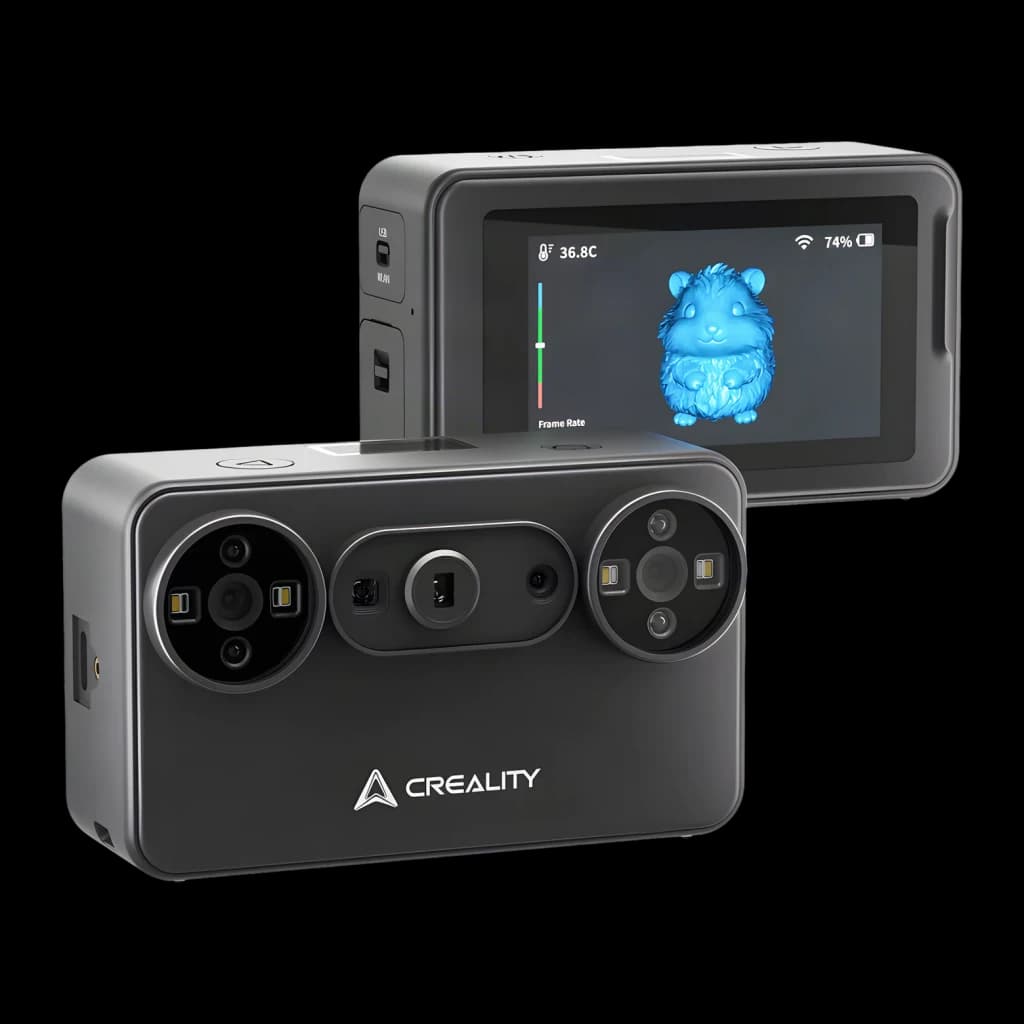 Scanner 3D Creality Pika Sans Fil Noir 0,03 mm, vues avant et arrière: module caméras et écran tactile affichant modèle 3D