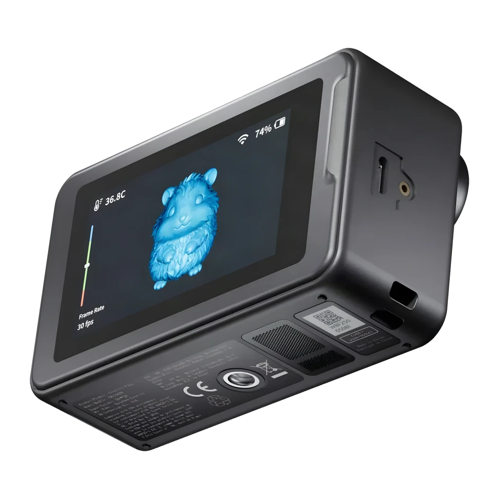 Escáner 3D Creality Pika Inalámbrico Negro 0,03 mm, vista trasera-lateral: pantalla táctil con modelo 3D en azul a 30 fps