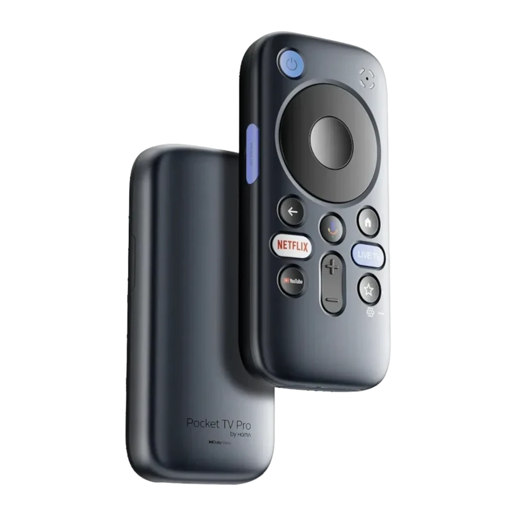 Reproductor Multimedia RayNeo Pocket TV Pro 3GB/64GB 4K WiFi Dolby Vision, vista frontal: dispositivo y mando con botones