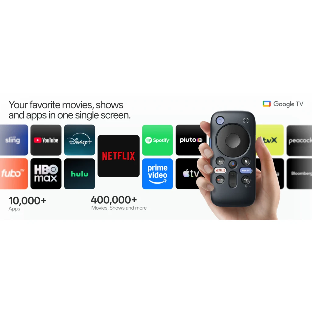 Reproductor Multimedia RayNeo Pocket TV Pro 3GB/64GB 4K WiFi Dolby Vision, mando a distancia sostenido en mano con logos