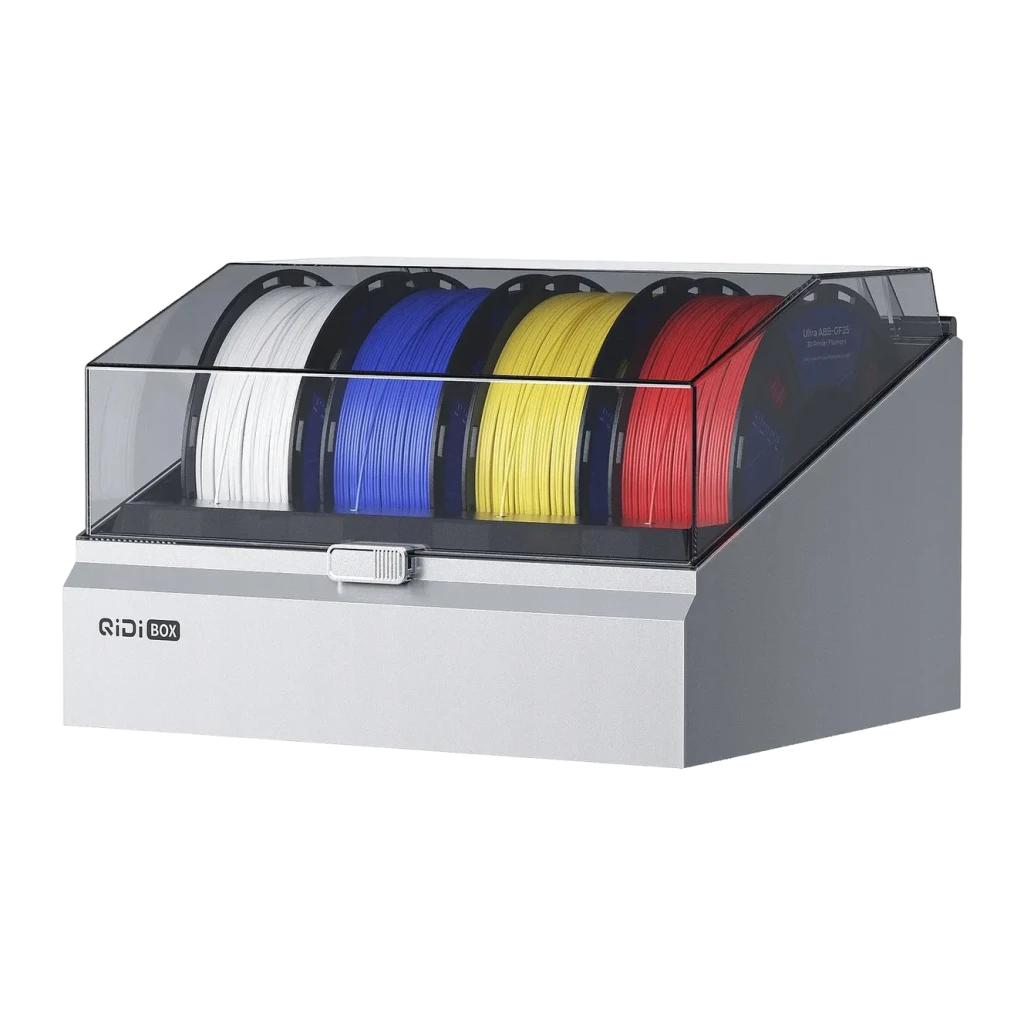 Sistema multicolor QIDI BOX Max4 Accesorio FDM PLA, PETG, ABS, PA, PC y más, vista frontal en ángulo: caja con tapa acrílica