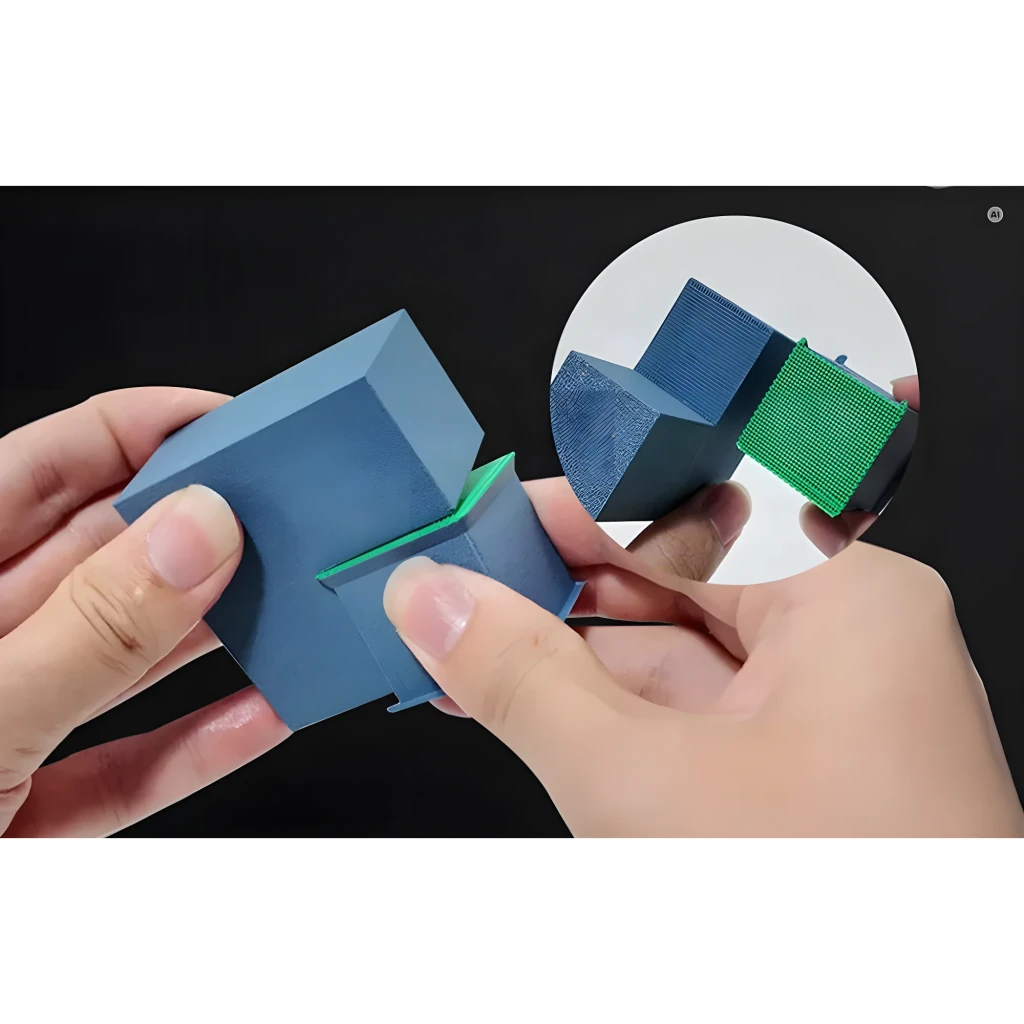 Sistema multicolor QIDI BOX Max4 Accesorio FDM PLA, PETG, ABS, PA, PC y más, detalle: manos separando pieza impresa azul