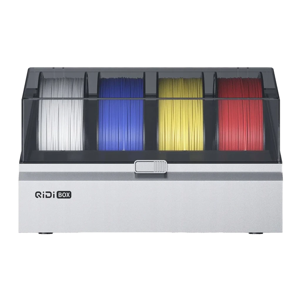 Sistema multicolor QIDI BOX Max4 Accesorio FDM PLA, PETG, ABS, PA, PC y más, vista frontal: 4 bobinas blanca, azul, amarilla