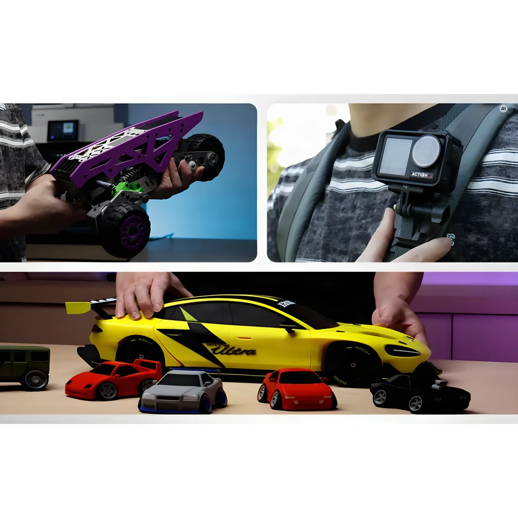QIDI BOX Sistema Multicolor para Q2 / Q2C 4 colores simultáneos Secado activo 65°C, ejemplos de uso: coches y vehículos