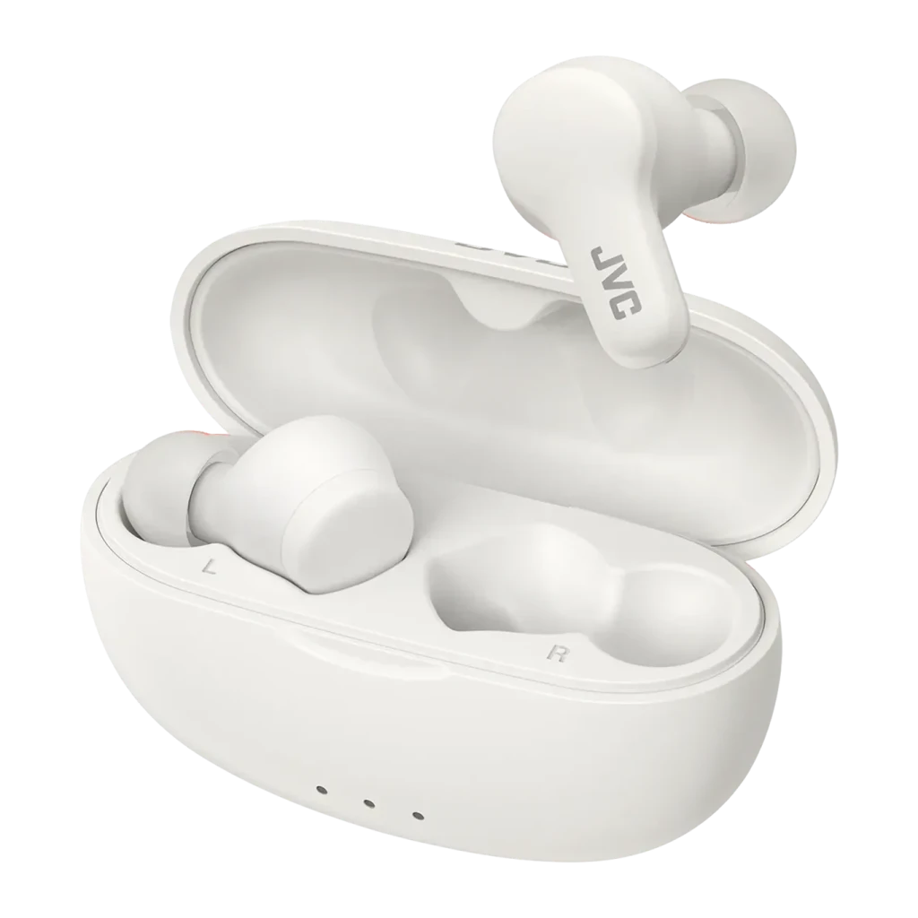 Écouteurs JVC HA-A7T2 Gumy True Wireless TWS Bluetooth 5.0 IPX4 Blanc, vue principale: boîtier ouvert avec les deux