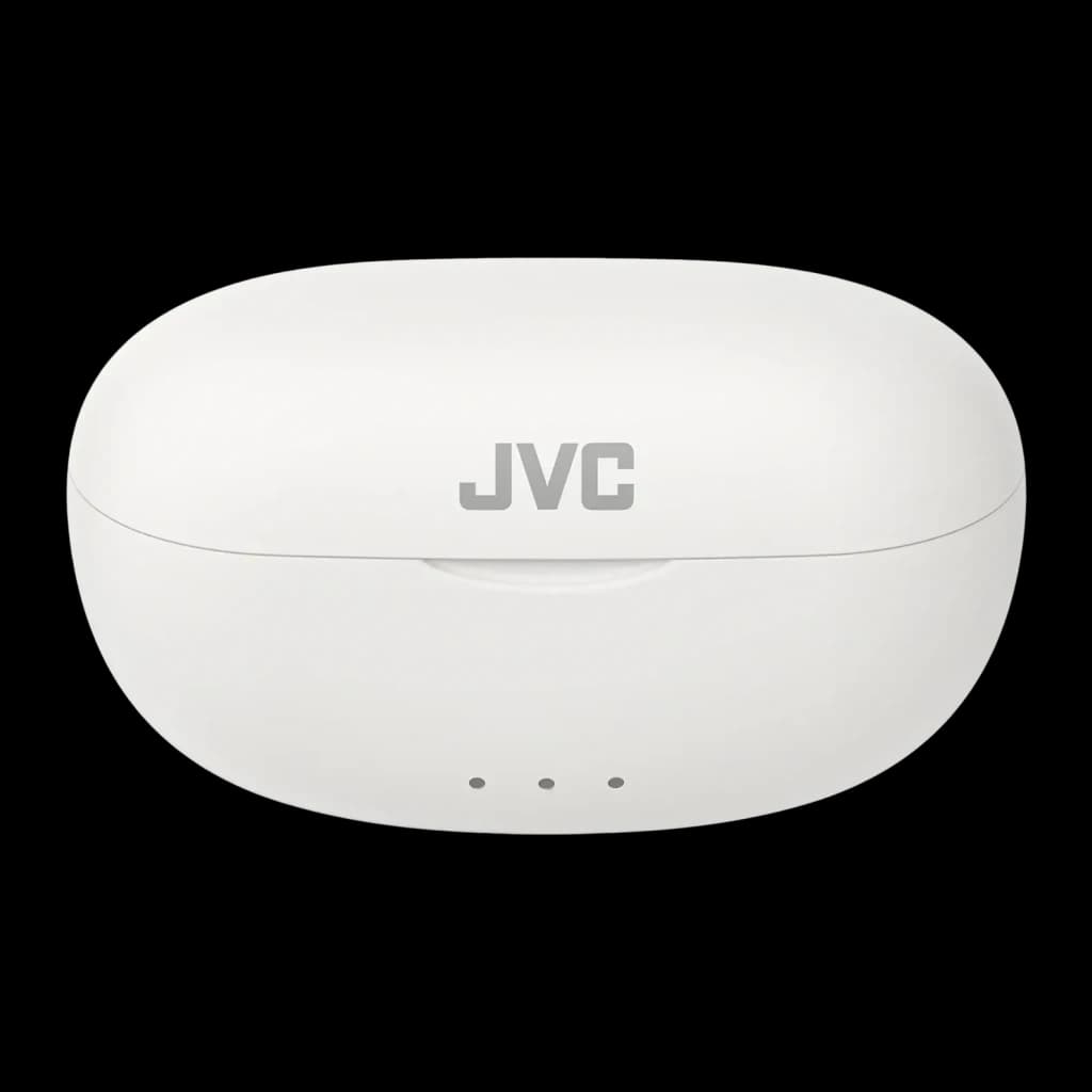 Écouteurs JVC HA-A7T2 Gumy True Wireless TWS Bluetooth 5.0 IPX4 Blanc, boîtier fermé: face avant avec logo JVC et trois