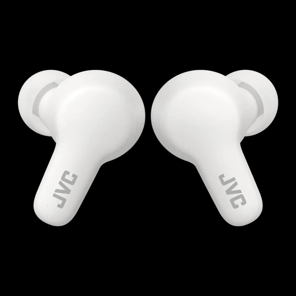 Écouteurs JVC HA-A7T2 Gumy True Wireless TWS Bluetooth 5.0 IPX4 Blanc, vue de face: les deux écouteurs avec logo JVC