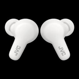 Écouteurs JVC HA-A7T2 Gumy True Wireless TWS Bluetooth 5.0 IPX4 Blanc, vue de face: les deux écouteurs avec logo JVC