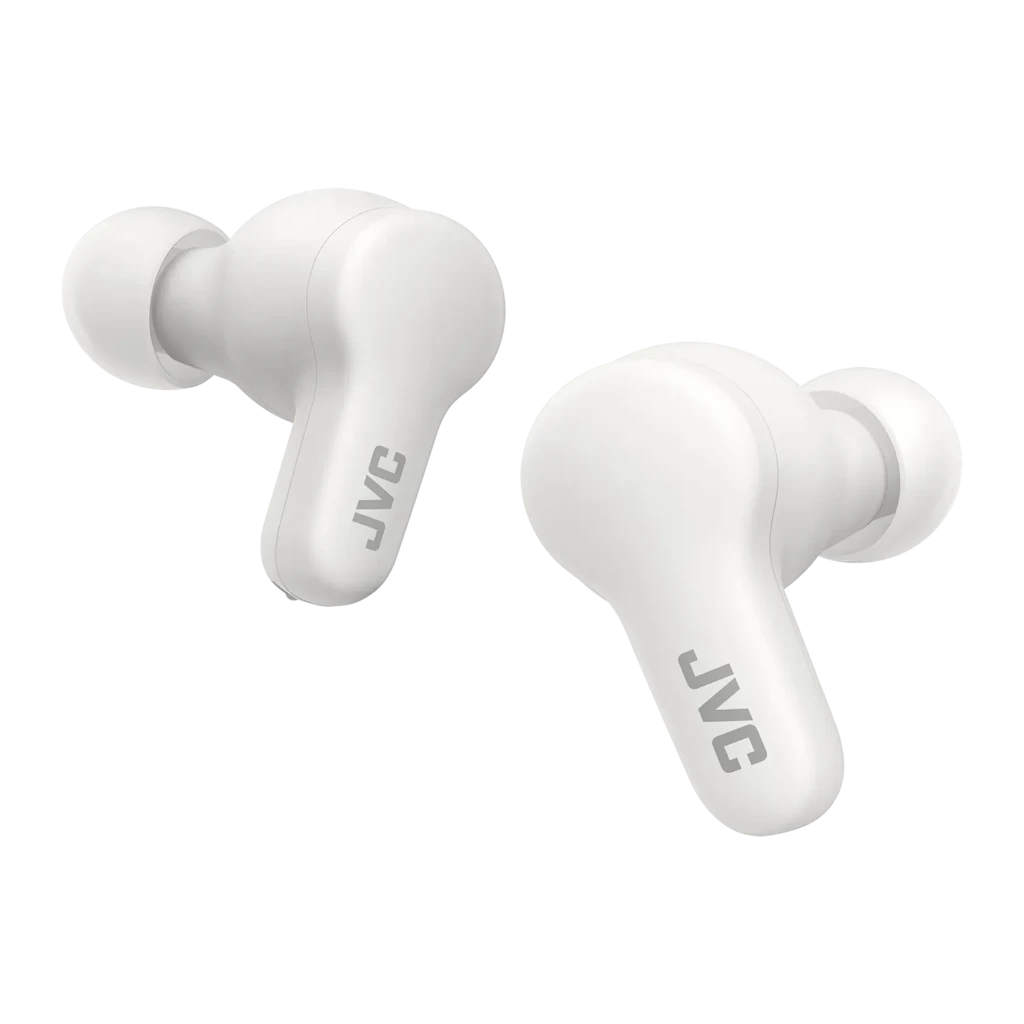 Écouteurs JVC HA-A7T2 Gumy True Wireless TWS Bluetooth 5.0 IPX4 Blanc, vue avant: deux écouteurs avec logo JVC et embouts
