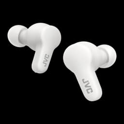 Écouteurs JVC HA-A7T2 Gumy True Wireless TWS Bluetooth 5.0 IPX4 Blanc, vue avant: deux écouteurs avec logo JVC et embouts