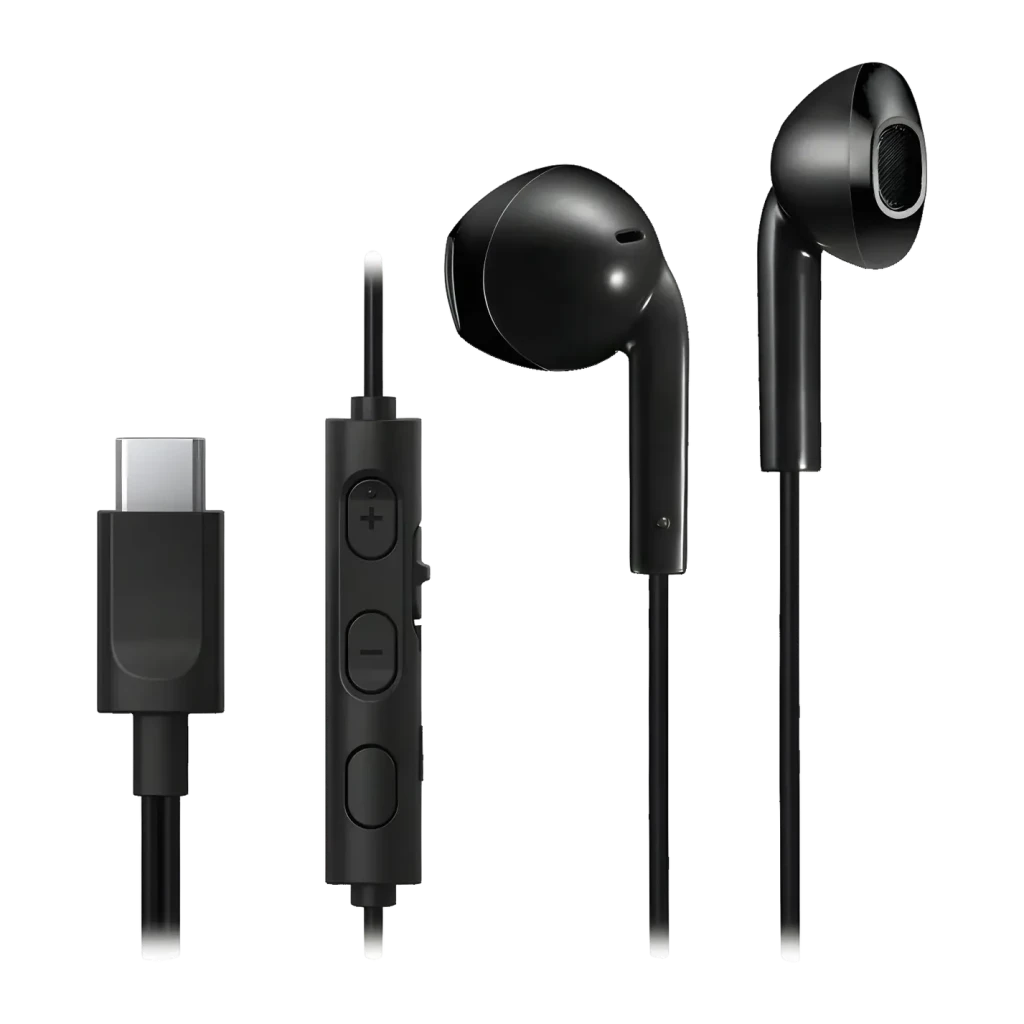 Écouteurs JVC HA-FR17UC In-Ear USB-C IPX2 Noir, vue avant: connecteur USB-C, télécommande trois boutons et deux écouteurs