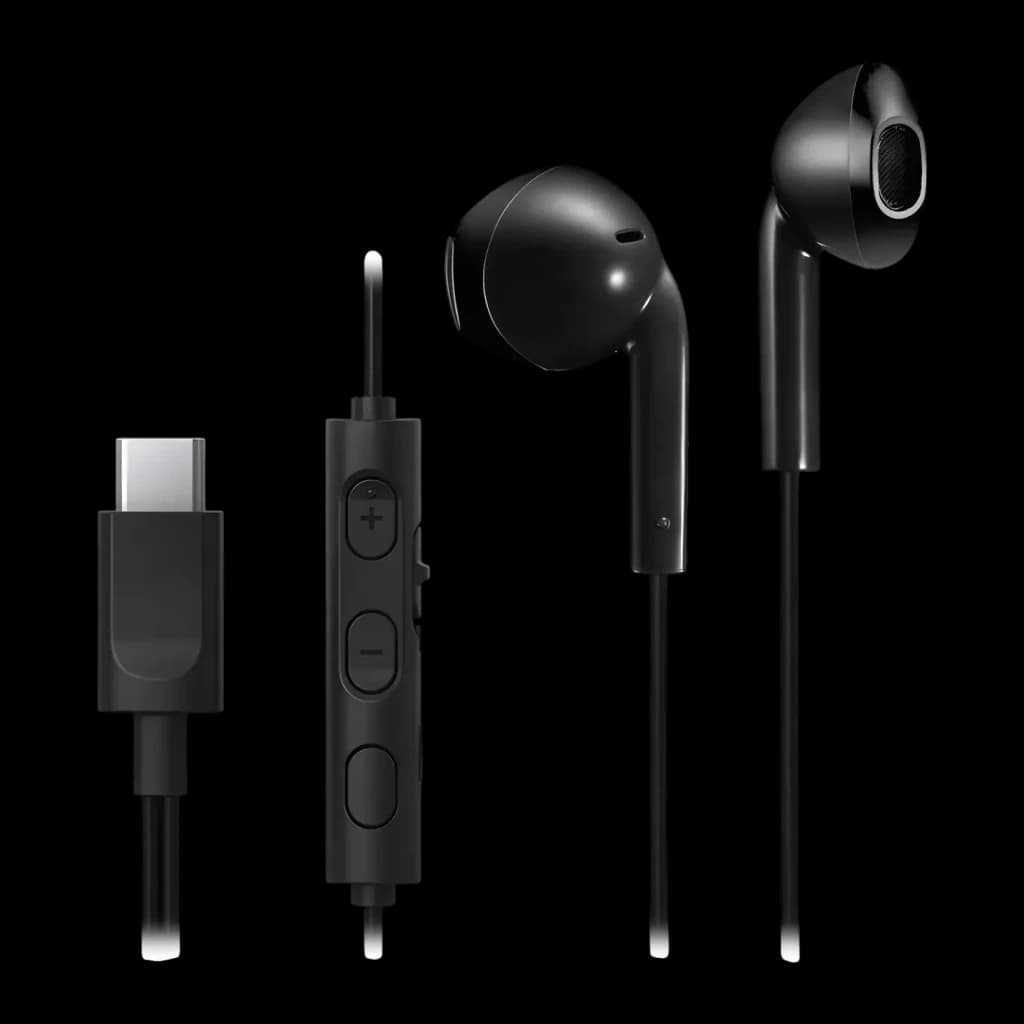 Écouteurs JVC HA-FR17UC In-Ear USB-C IPX2 Noir, vue avant: connecteur USB-C, télécommande trois boutons et deux écouteurs