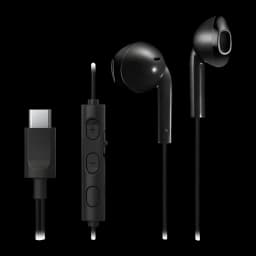 Écouteurs JVC HA-FR17UC In-Ear USB-C IPX2 Noir, vue avant: connecteur USB-C, télécommande trois boutons et deux écouteurs