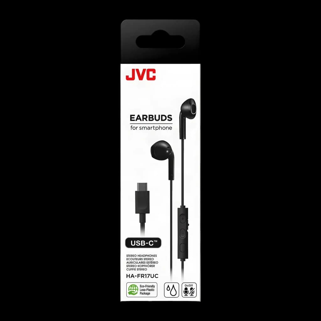 Écouteurs JVC HA-FR17UC In-Ear USB-C IPX2 Noir, boîte face avant: packaging avec écouteurs, connecteur USB-C et télécommande