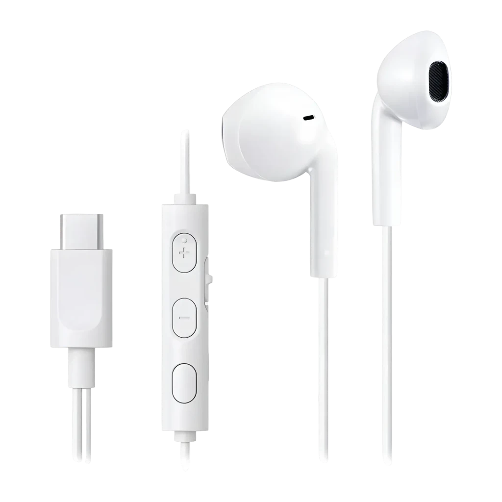 Écouteurs JVC HA-FR17UC Intra-auriculaires USB-C IPX2 Blanc, vue avant: connecteur USB-C, télécommande 3 boutons