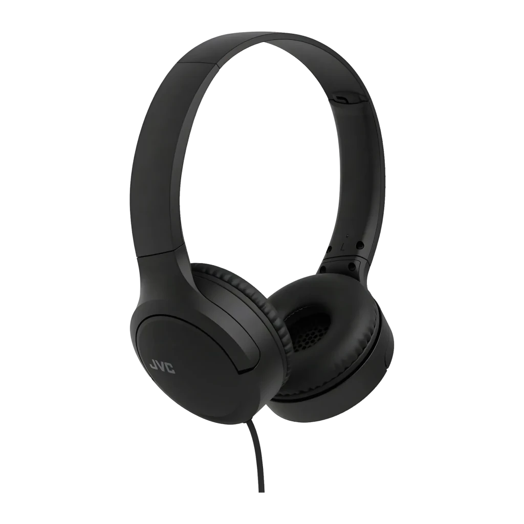 Casque JVC HA-S33UC-B supra-auriculaire USB-C noir, vue latérale: arceau, coussinets et logo JVC visibles