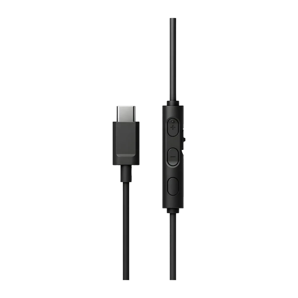 Casque JVC HA-S33UC-B supra-auriculaire USB-C, détail câble: connecteur USB-C et télécommande 3 boutons noir