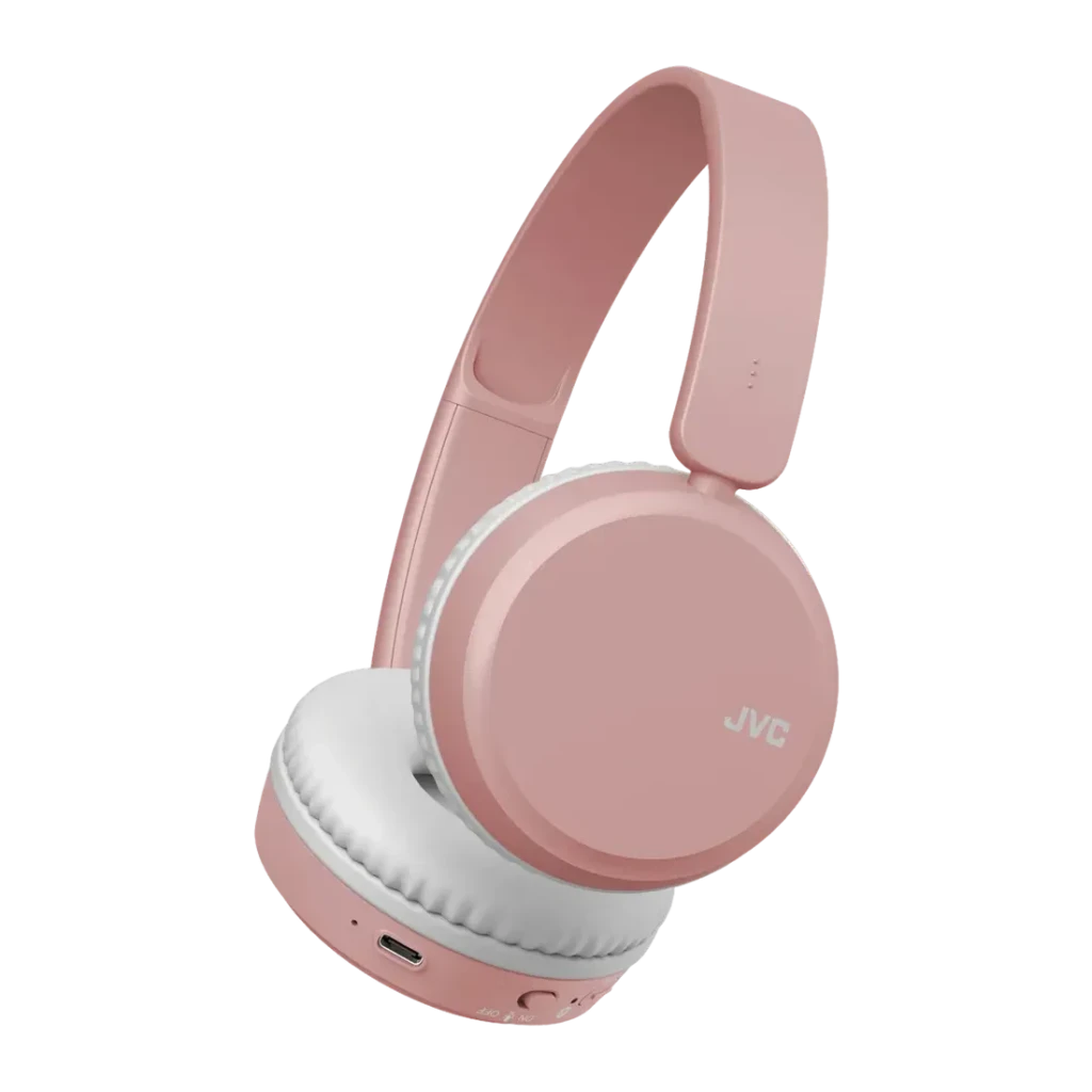 Casque JVC HA-S36W Arceau Bluetooth 5.2 35h Rose, vue latérale: coussin blanc, logo JVC et port USB-C visibles