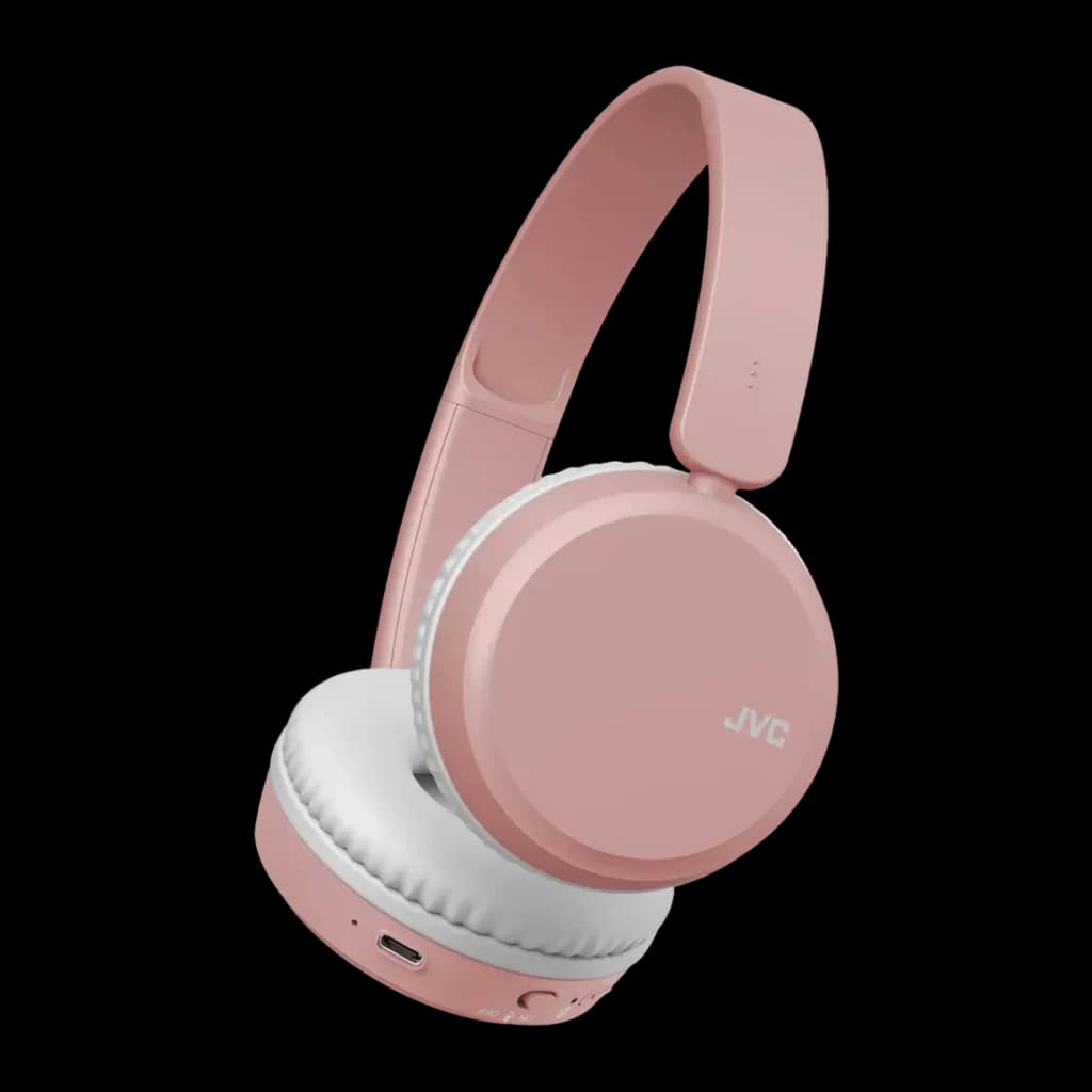 Casque JVC HA-S36W Arceau Bluetooth 5.2 35h Rose, vue latérale: coussin blanc, logo JVC et port USB-C visibles