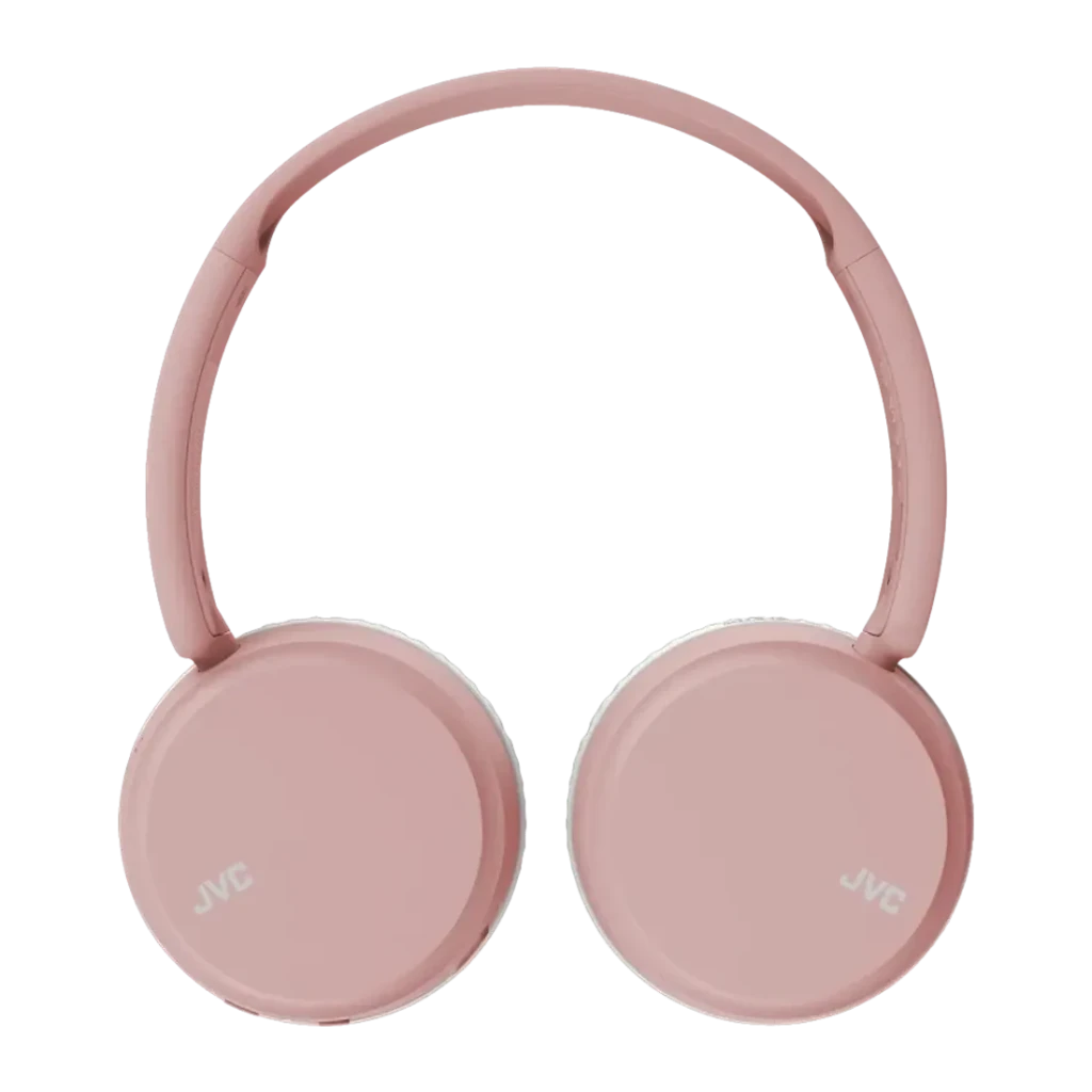 Casque JVC HA-S36W Arceau Bluetooth 5.2 35h Rose, vue de face: coussinets plats avec logo JVC et arceau rembourré