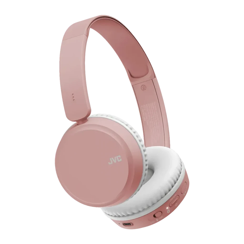 Casque JVC HA-S36W Arceau Bluetooth 5.2 35h Rose, vue latérale: coussin blanc, logo JVC et boutons de contrôle latéraux