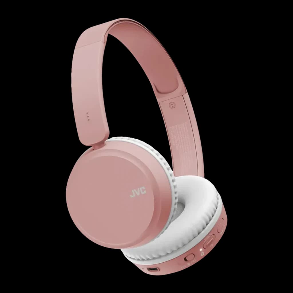Casque JVC HA-S36W Arceau Bluetooth 5.2 35h Rose, vue latérale: coussin blanc, logo JVC et boutons de contrôle latéraux