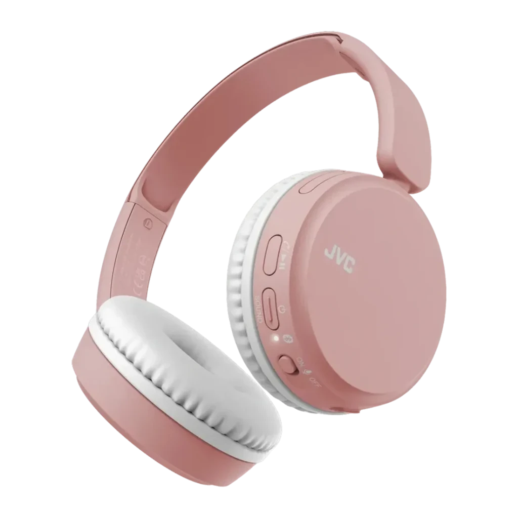 Casque JVC HA-S36W Arceau Bluetooth 5.2 35h Rose, vue latérale: coussinets blancs et boutons de contrôle visibles