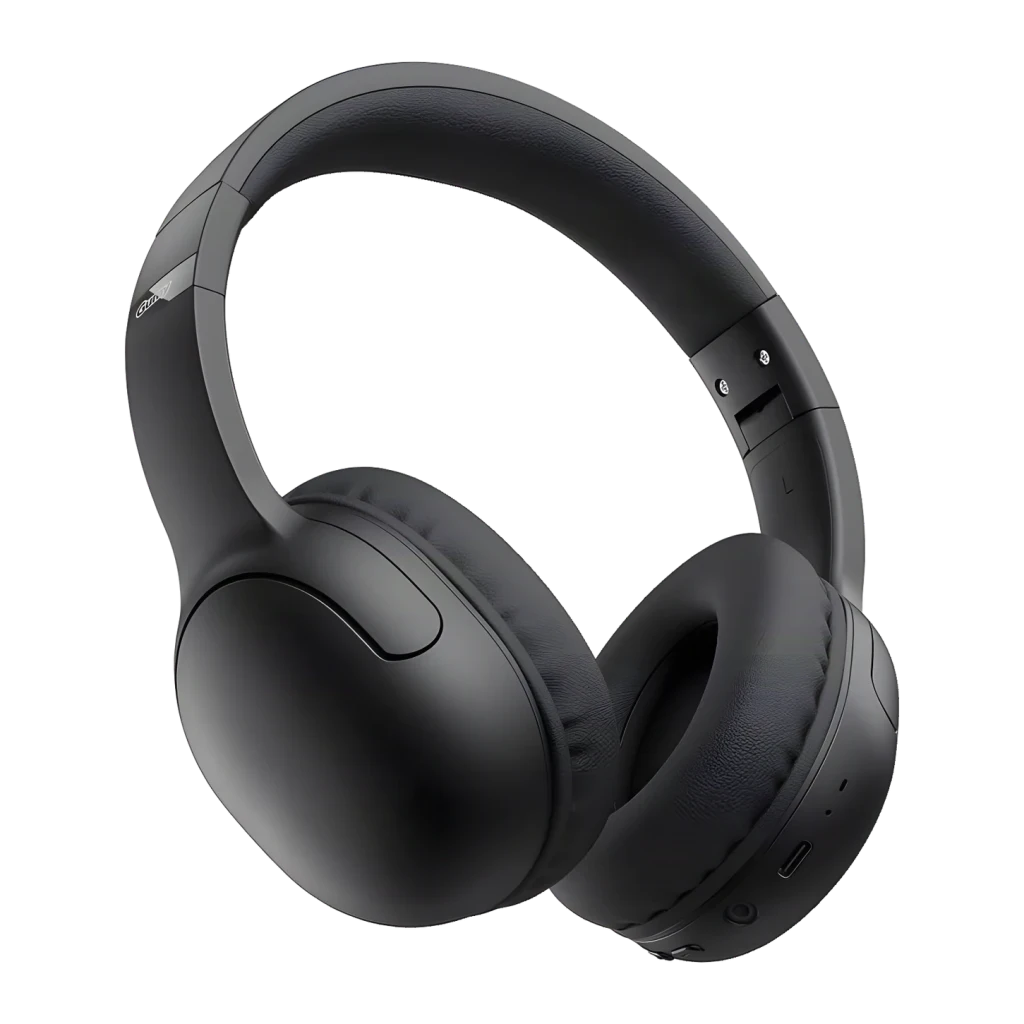 Casque JVC Gumy Band Supra-Aural Bluetooth 30h Noir HA-SG20BT, vue de face en angle: arceau rembourré, coussinets et boutons