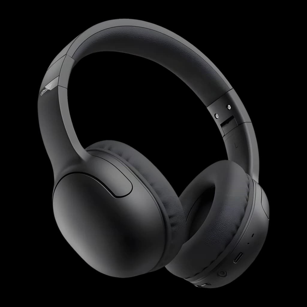 Casque JVC Gumy Band Supra-Aural Bluetooth 30h Noir HA-SG20BT, vue de face en angle: arceau rembourré, coussinets et boutons
