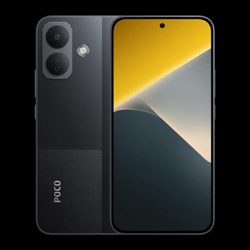 POCO X8 5G negro con pantalla AMOLED 6,59 pulgadas 120Hz y cámara dual trasera 50MP con OIS; frontal perforada centrada y acabado bicolor mate y liso