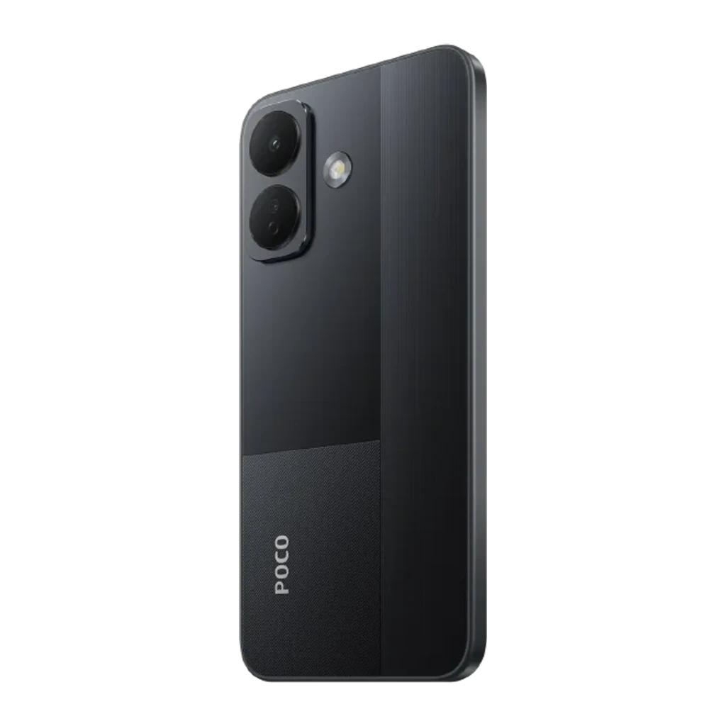 POCO X8 5G negro con trasera bicolor mate y brillo, módulo dual de cámaras grandes más flash, bordes rectos y logo POCO en la parte inferior