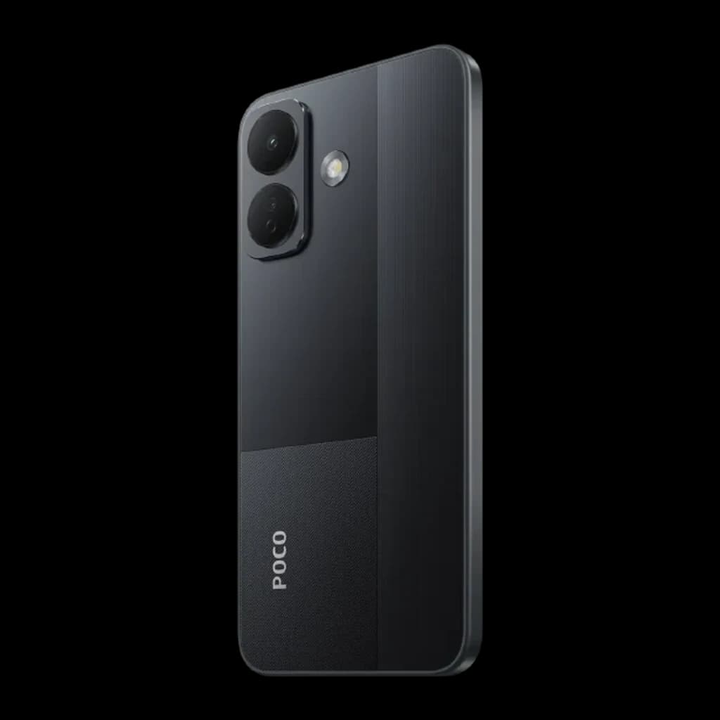 POCO X8 5G negro con trasera bicolor mate y brillo, módulo dual de cámaras grandes más flash, bordes rectos y logo POCO en la parte inferior